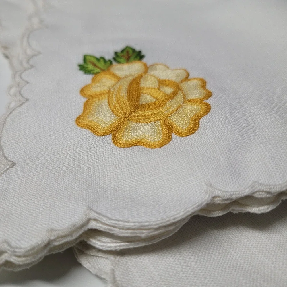 Embroidered Yellow Rose Linen Napkins Set 6 Scalloped Edge Vintage Decor‎ 34 in